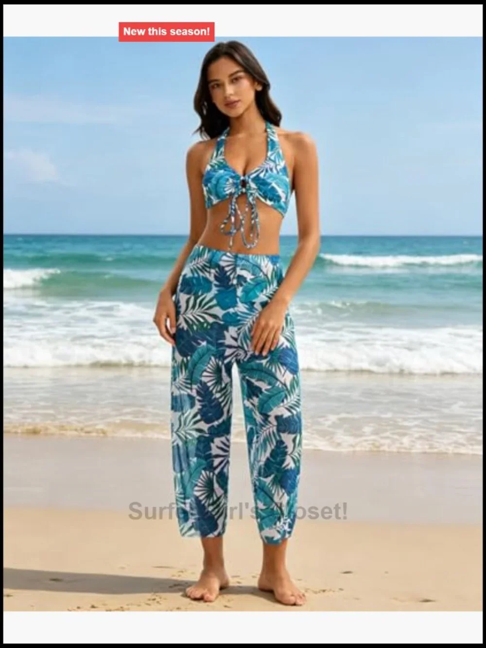 3 Piece Bikini Set with Halter Top and Beach Pants